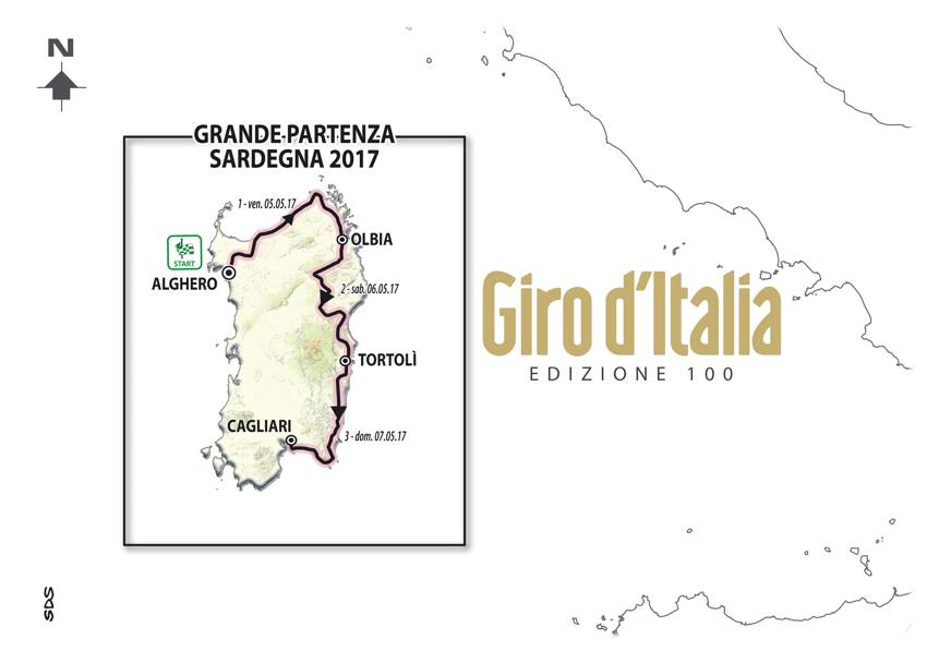 Le prime tre tappe del Giro d&#39;Italia numero 100  si svolgeranno in Sardegna. Di seguito il dettaglio planimetrico e altimetrico delle frazioni che daranno il via alla corsa rosa 2017